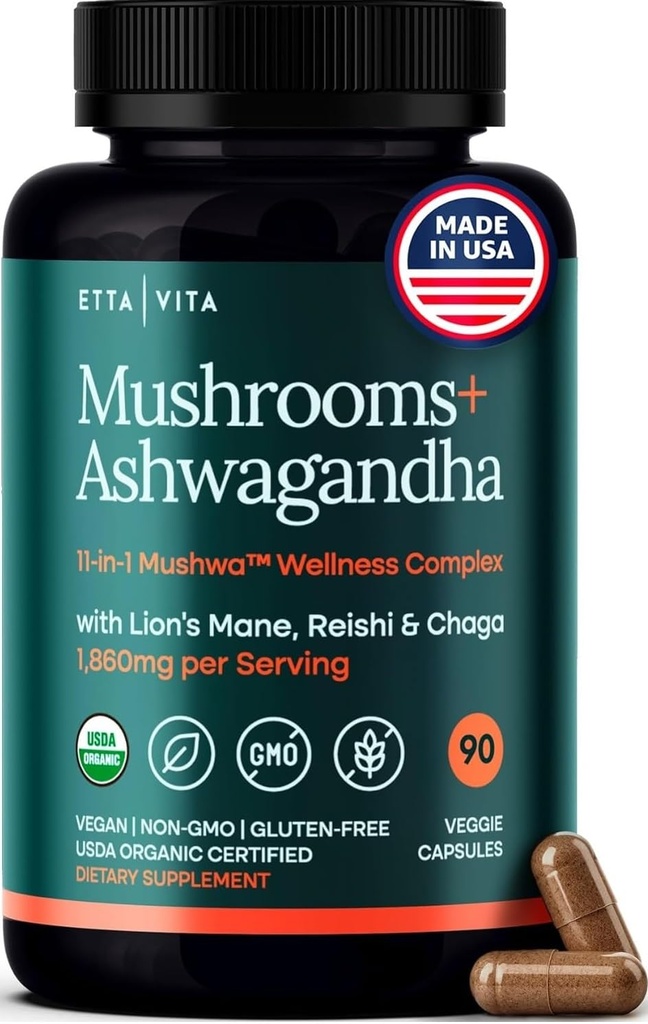 USDA Organic Lions Mane Supplement Capsules with Ashwagandha, Chaga, Reishi, Cordyceps, Turkey Tail (18.600mg/serv) 10x Adaptogenic Mushroom Complex as Focus Supplement - Energy, Immunity & Nootropic