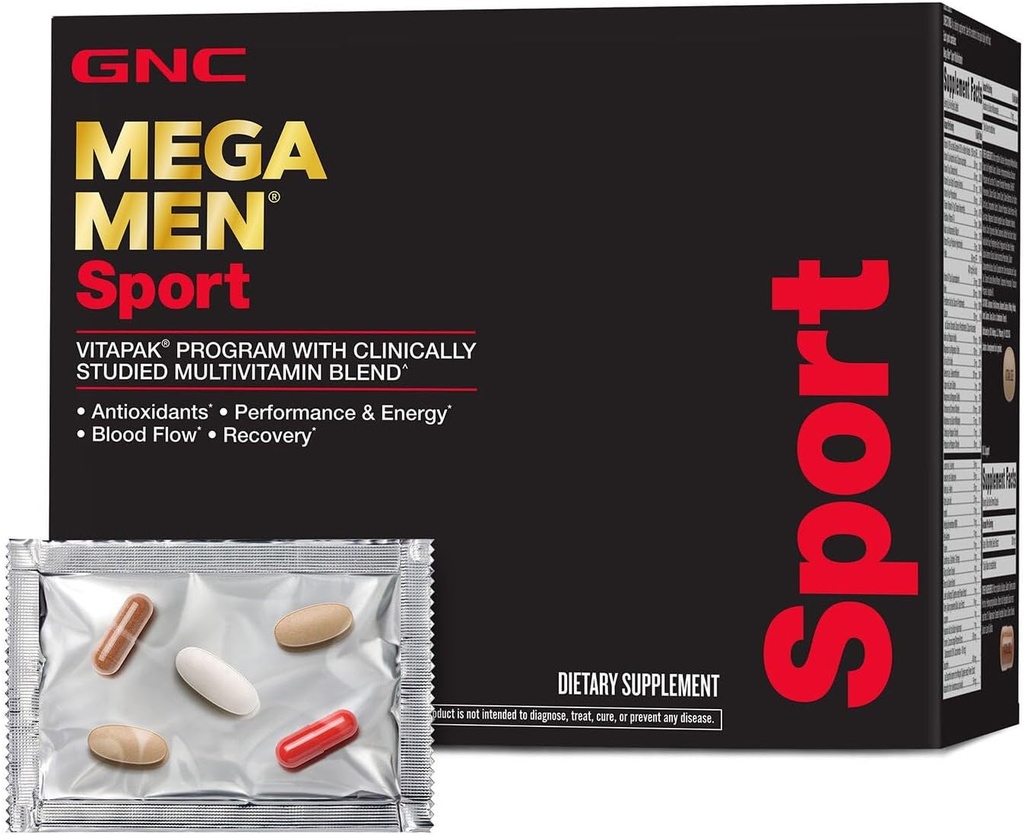 Mega Men Sport Vitapak Programma, Handige Complete Voeding, 4 Producten in 1 Packet, Athletische Performance, Energie, Herstel, Bloedstroom, Arginine, 200mg Cafeïne, Thermogenic, 30 Day Supply