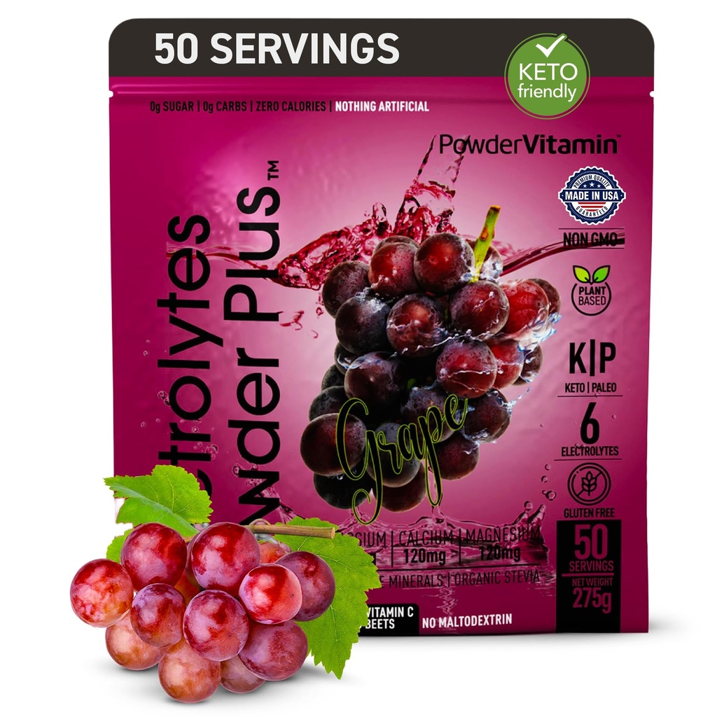 PoederVitamine Electrolytes Powder Plus (50 Servings) Grape Electrolyte Powder Zero Calorie Keto, 0 Sugar, No Maltodextrine,1000mg Kalium,120mg Calcium,120mg Magnesium, Hydratatiepoeder