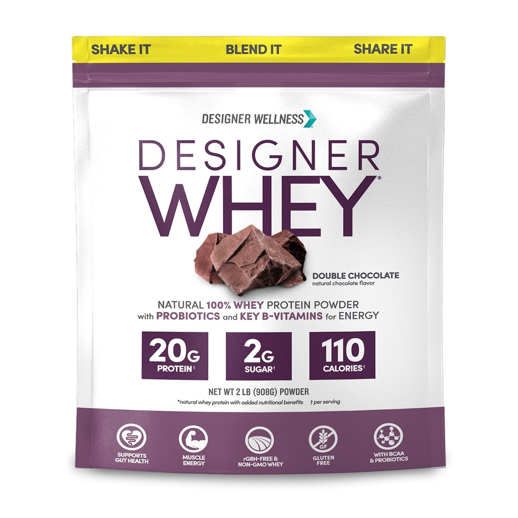 Designer Wellness, Designer Wei, Natural Wei Protein Powder met Probiotica, Vezel, en Key B-Vitamins voor Energie, Glutenvrij & Kosher, Dubbele Chocolade, 2 lb