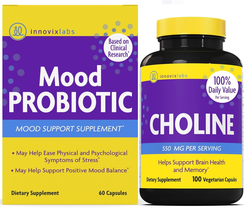 InnovixLabs Choline & Mood Probiotic Bundle Choline Bitrate 550 mg (100 capsules) Mood Probiotic (60 capsules). Ondersteunt Memory, Mood, Brain Health & Boost Cognitive.*