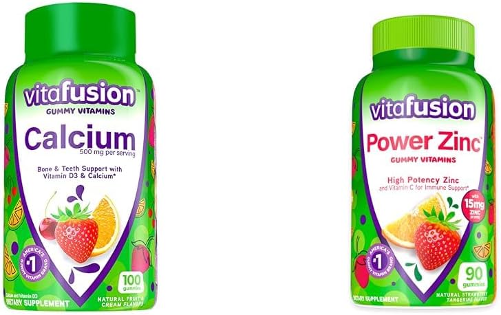 Vitafusion Calcium Gummy Vitaminen voor Bone Support, 100 Count & Power Zink Gummy Vitaminen voor Immune Support, 90 Count
