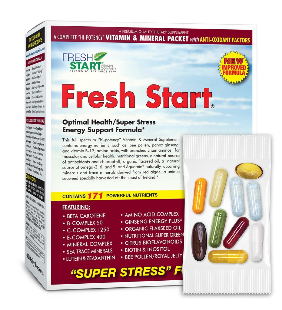 Fresh Start All-in-One Daily Vitamin Pack - Stress & Mood Support | Ashwagandha, Panax Ginseng, Adaptogens, B-Complex & Super Greens - 30-Day Supply