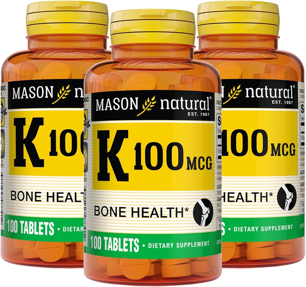 MASON NATUURLIJKE Vitamine K 100 mcg, Ondersteunt Bone & Joint Health, Helpt Calcium Absorptie, 100 tabletten, Verpakking van 3