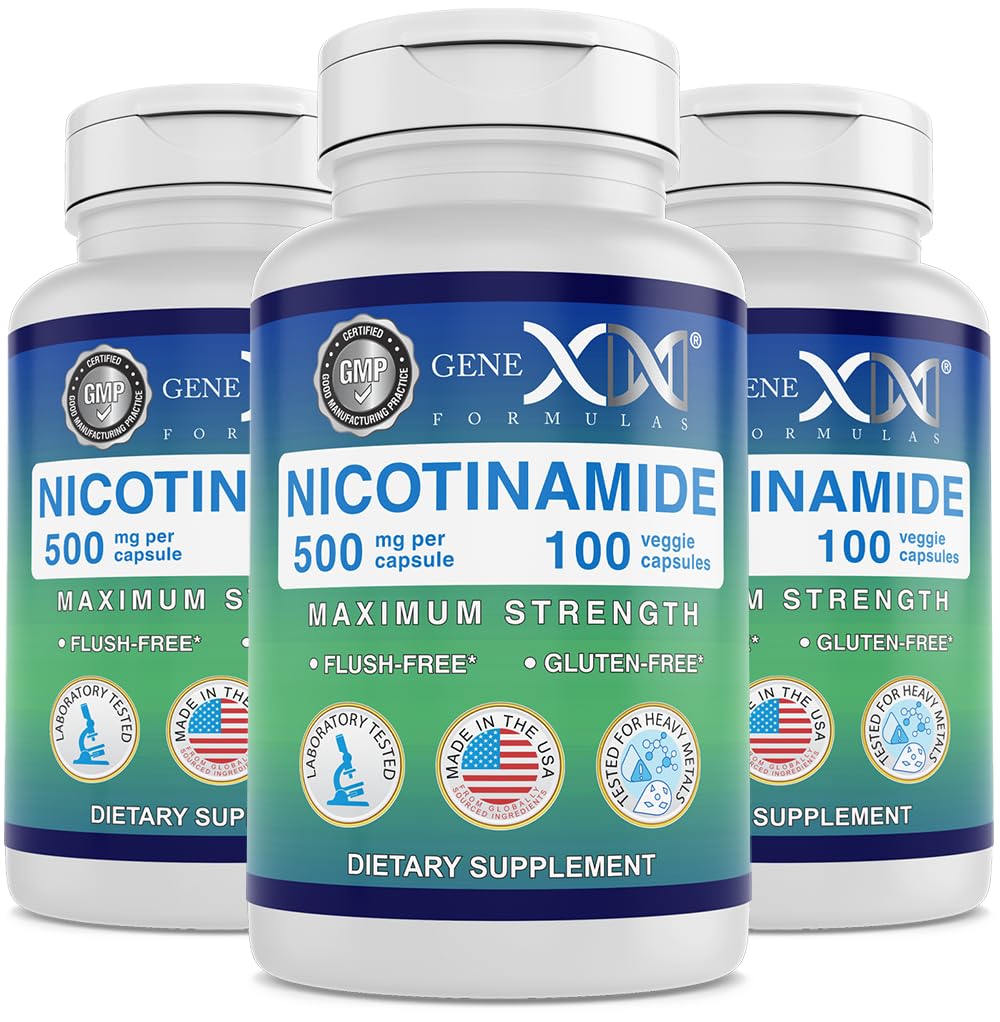 Genex Formules Nicotinamide 500 mg (3-pack) Vitamine B3 Flush Free Niacin Capsules for Healthy Skin - Niacinamide Supplement Pillen helpen produceren Keratine & Support Skin Cell Health & Energy (300 capsules)