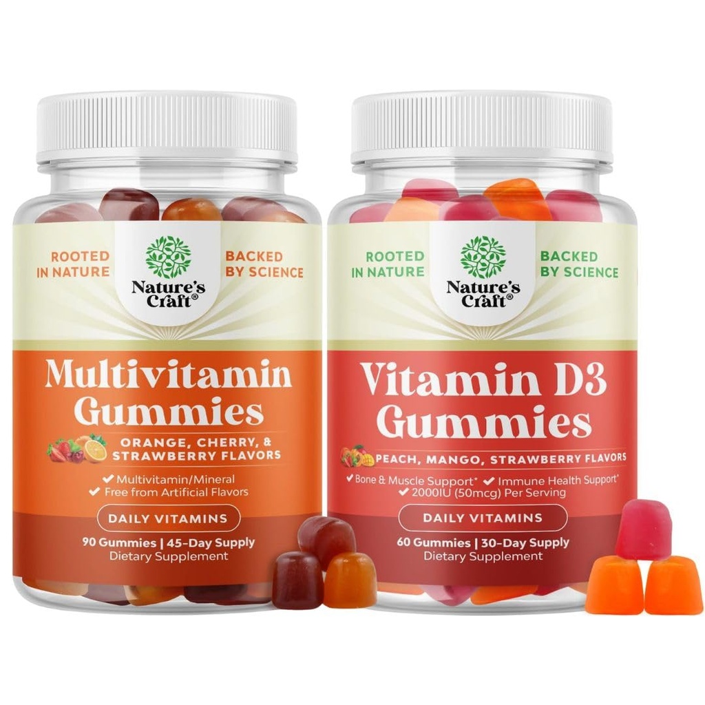 Bundle of Multivitamin Gummies for Adults - Halal Multivitamin Gummy with B12 Biotin and Vitamin D3 Gummies for Daily Wellness - Delicious D Adults with 2000IU per Serving Bone Muscle & Immune Support