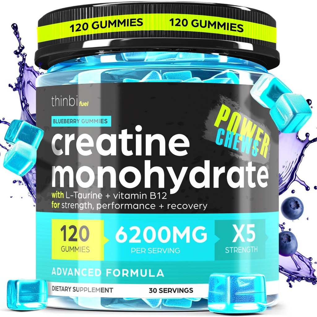 Creatine Monohydraat Gummies Complex 6200mg voor mannen en vrouwen - 120 Gummies Advanced Formula W/L-Taurine + Vitamine B12 voor spierkracht, spieropbouwer, energieboost, pre-workout supplement - Thinbi