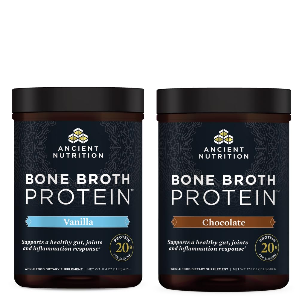 Oude voeding Bone Broth Proteïne Poeder, Vanille, 20 porties + Bone Broth Proteïne Poeder, Chocolade, 20 porties