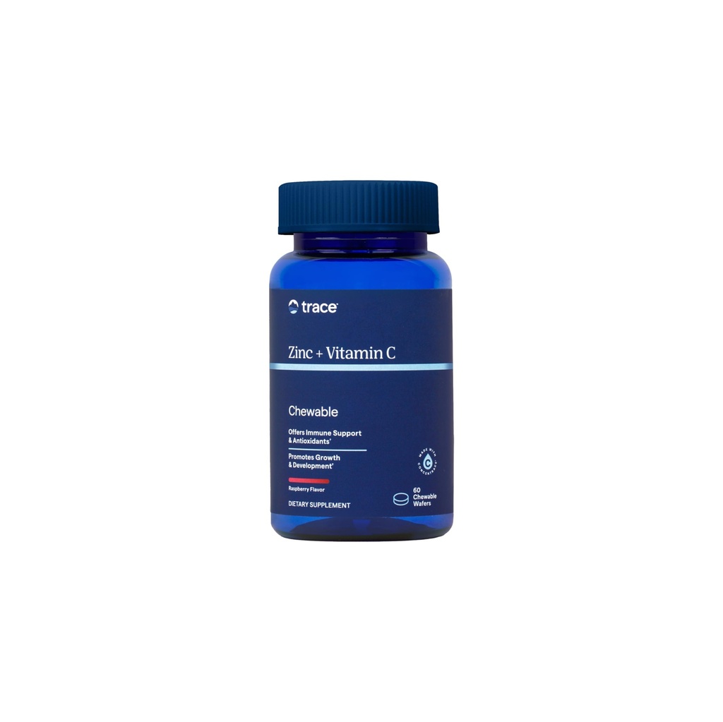 Trace Minerals Zink + Vitamine C - Kauwbare Wafers voor Immuniteit & Antioxidant Ondersteuning - Gezonde Ontwikkeling - Enzyme Functie - Volledig Spectrum van Ionische Mineralen - Raspberry - 60 Servers