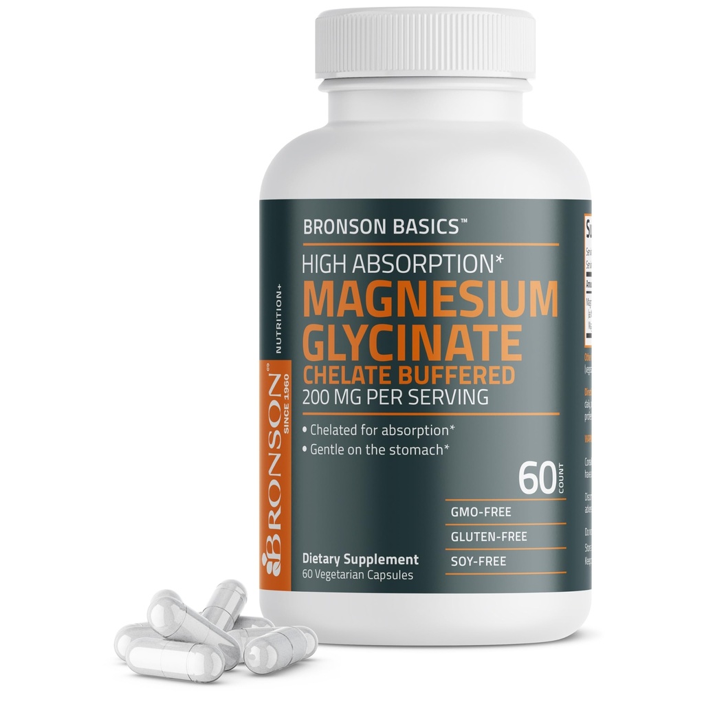 Bronson Magnesium Glycinate 200mg hoge absorptie chelated buffered zachtheid op de maag Non-GMO, 60 vegetarische capsules