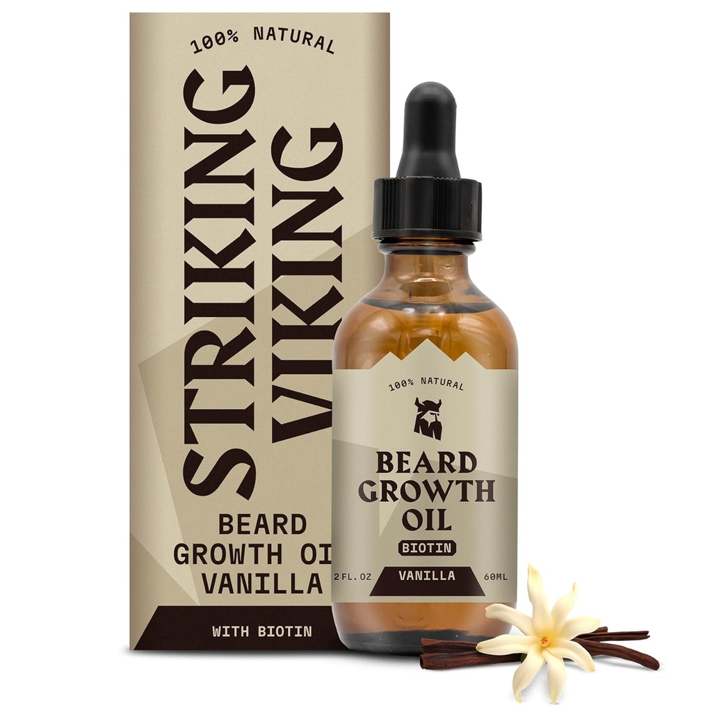 Opvallende Viking Baard Groei Olie met Biotine - 2 Fl Oz, Vanille - Verdikking, Conditioning Biotin Baard Olie Serum voor mannen met Argan & Jojoba - Gezichtsgroei Serum voor mannen