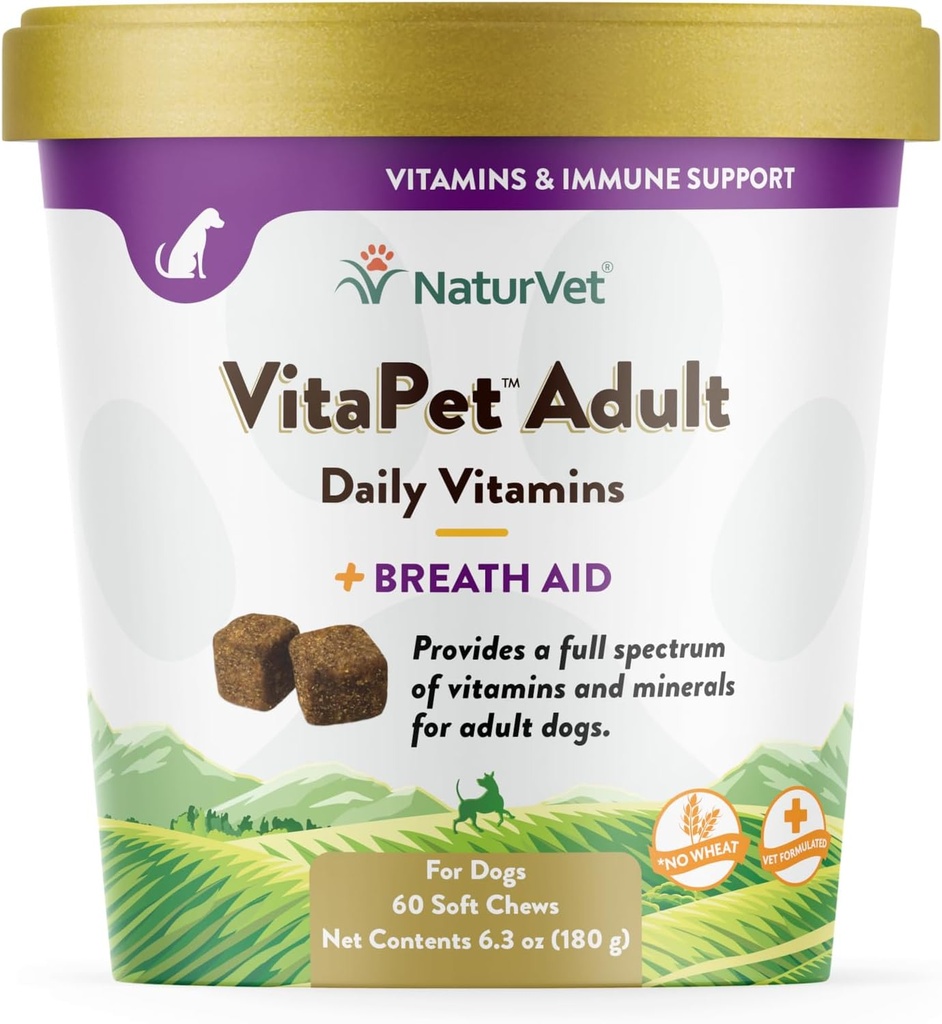 NaturVet VitaPet Adult Daily Vitamines Plus Ademhulp voor volwassen honden, 60 kt Zachte Kauwen, Made in The USA with Globally Source Ingrediënten