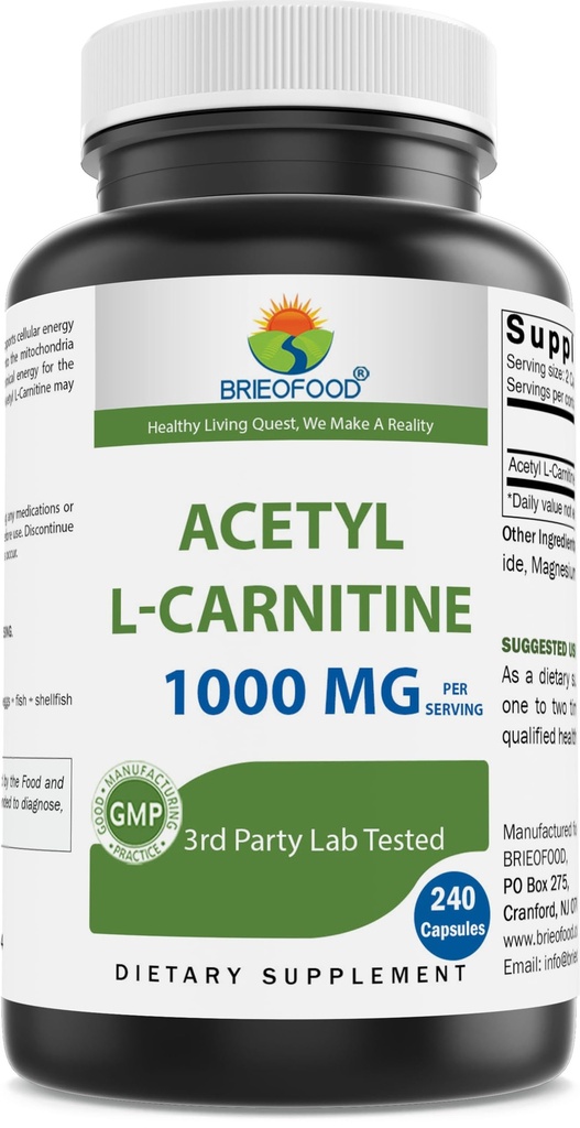 Brieofood acetaat L-Carnitine 1000 mg per portie 240 capsules. Glutenvrij, niet-GMO.