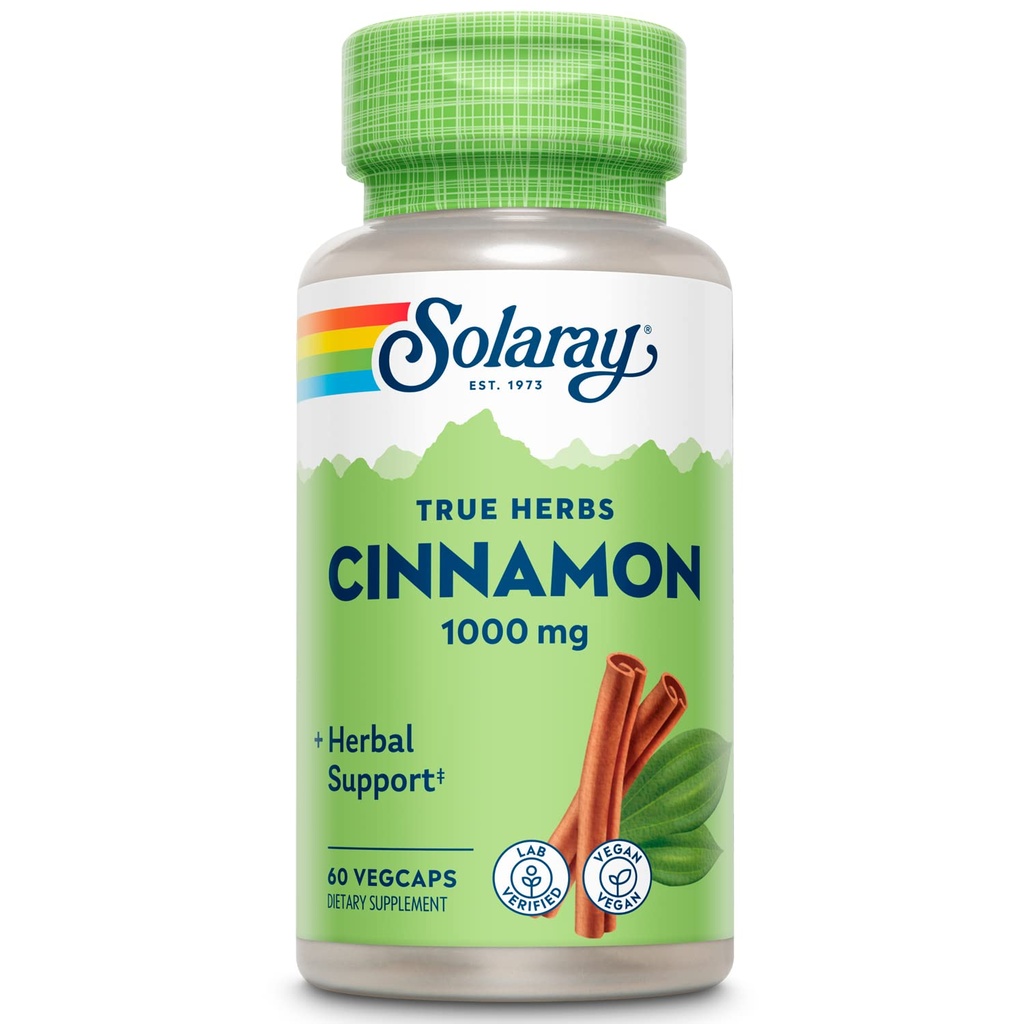SOLARAY True Herbs Cinnamon Bark 1000mg - Ground Cinnamon Supplements - Kruidenondersteuning voor algehele wellness - Niet-GMO Project Geverifieerd - Vegan Capsules, 60-dagen garantie - 30 porties, 60 VegCaps