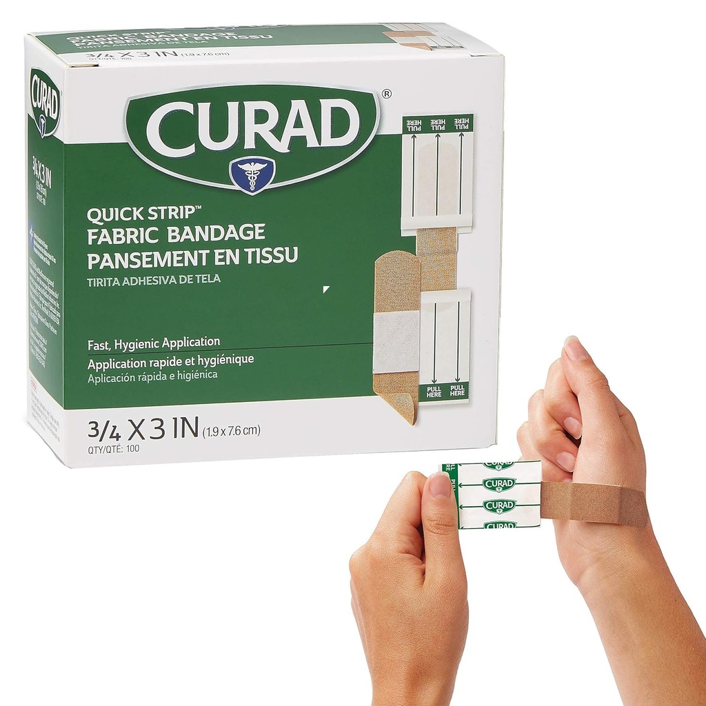 CURAD Quick Strip Stof Kleefstof Steriele Bandages met Snelle Toepassing, 3/4" x 3," Doos van 100
