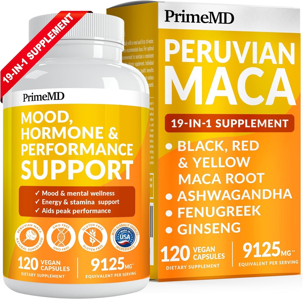 PrimeMD 19-in-1 Peruvian Maca Root Capsules - 9125 mg Ashwagandha Supplementen met Maca Fenegriek en Ginseng voor Mood, Hormone & Performance Support (120 capsules)