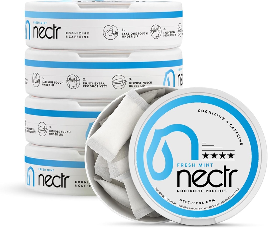 Nectr Energy Nootropic Pouches Fresh Mint Flavored, Cafeine Pouches met Cognizin® Citicoline. Nicotinevrije suikervrije hersenen. Glad, Sustained Focus & Energy Supplement - 5 Pucks van 16st
