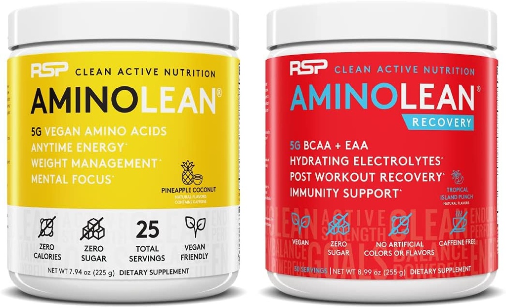 RSP NUTRITION Vegan AminoLean Pre Workout Energy (Pineapple Coconut 25 Servings) met AminoLean Recovery Post Workout Boost (Tropical Island Punch 30 Servers)