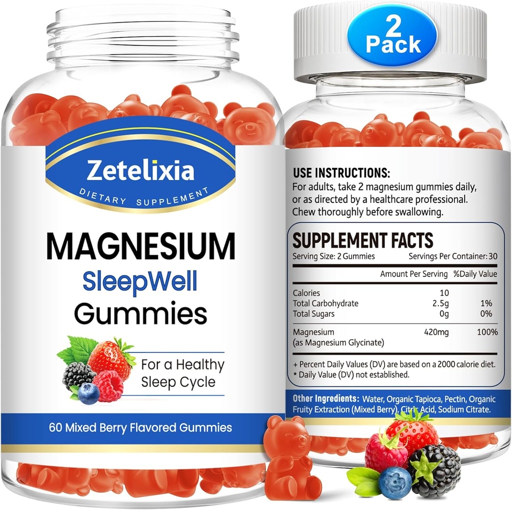 Magnesium Glycinate Gummies, Hoge Absorptie Magnesium Supplement voor Volwassenen Kinderen, Ontspanning, Hersenen, Spier & Bone Ondersteuning, Melatonine Vrij, Suikervrij, Gemengde Berry Smaak, 120 Ct