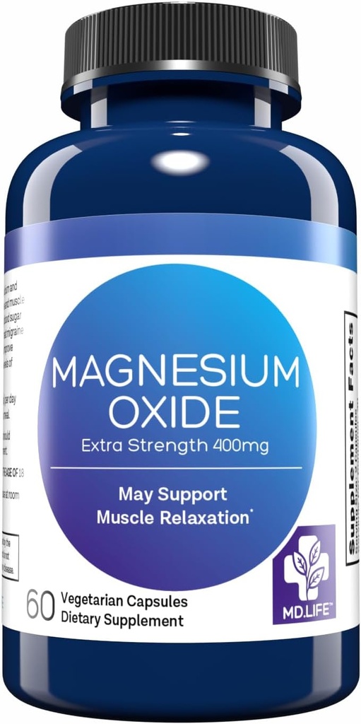 MD. Levensduur Magnesiumoxide 400 mg Capsules - Hoge Absorptie Magnesium Supplement voor Beenkrampen, Slaap- en Bloedvatgezondheid - 60 Capsules - Niet-GMO Pillen voor Vrouwen