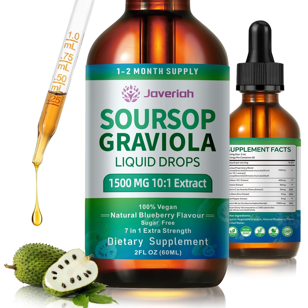 Soursop Graviola Liquid Drops Supplement met Sea Moss Extract, Soursop Bitters Liquid for Cell Support & Regeneratie, Immunity, Liver, Antioxidant, Graviola Leaves Extract 2 Month Supply 60ML