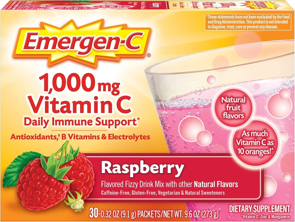 Emergen-C (30 Count, Raspberry Flavor, 1 maand aanbod) Dieetsupplement Fizzy Drink Mix met 1000mg vitamine C, 0,32 Ounce Packets, Cafeïnevrij