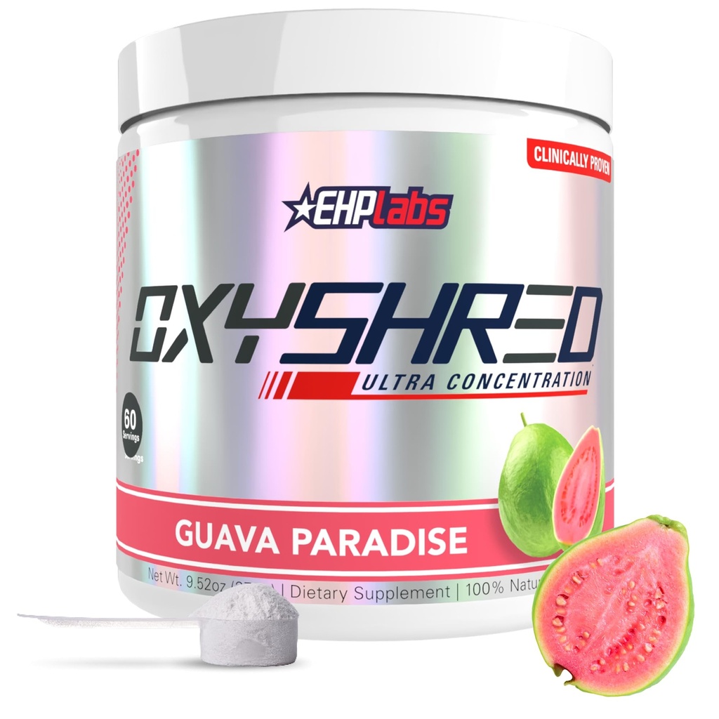 EHP Labs OxyShred Pre Workout Powder & Shredding Supplement - Preworkout Powder with L Glutamine & Acetyl L Carnitine, Energy Boost Drink - Guava Paradise, 60 Servings