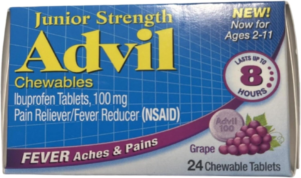 Advil Junior Kauwbare Ibuprofen tabletten, Grape 100mg, 24 tabletten Elke (verpakking van 4)