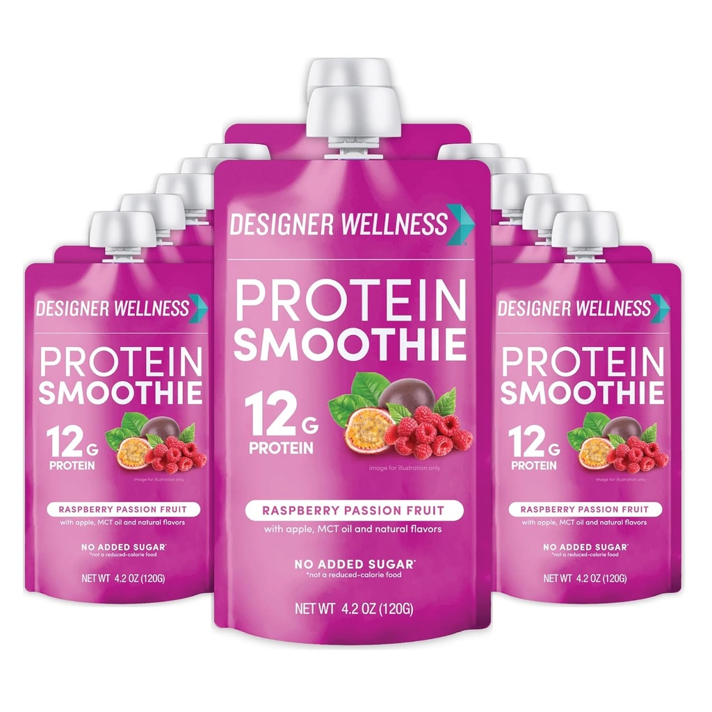 Designer Wellness Proteïne Smoothie, Real Fruit, 12g Proteïne, Low Carb, Zero Added Sugar, Glutenvrij, Non-GMO, Geen kunstmatige kleuren of smaken, Raspberry Passie Fruit, 12 Tellen