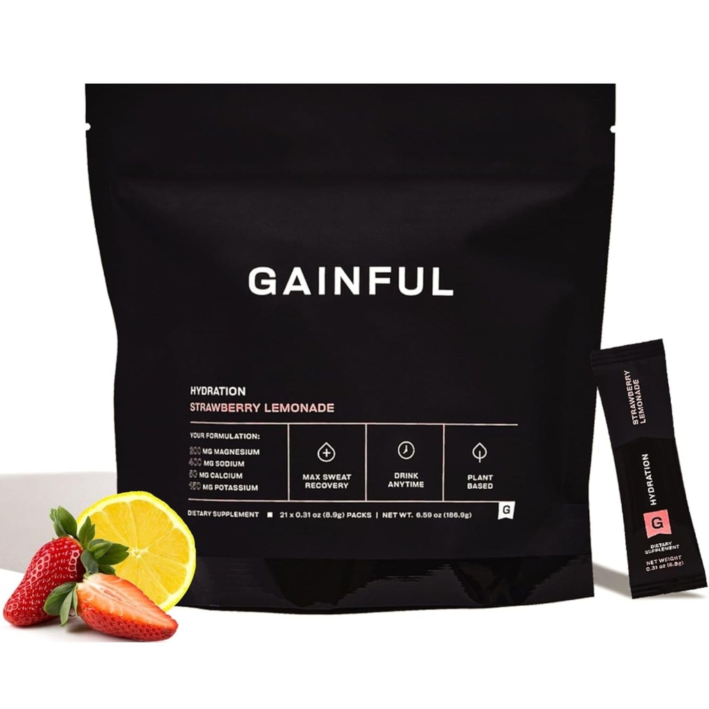 Krachtige Hydration Powder Packets, Cafeïnevrij met Key Electrolytes Magnesium en Natrium, Energie Ondersteuning, Lage Suiker, Aardbei Lemonade, 21 Sticks