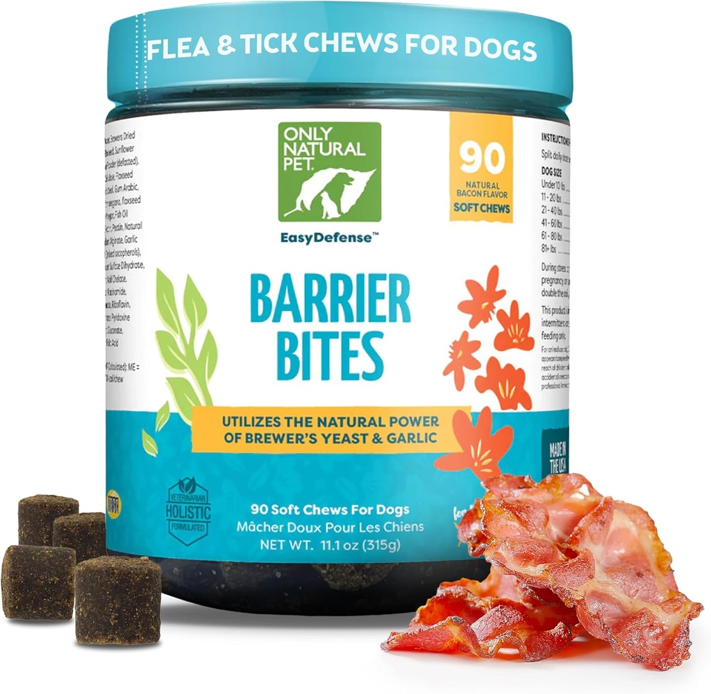 Alleen Natural Pet EasyDefense Barrier Bites Soft Flea Kauwt voor honden - Eerste lijn van verdediging againts Fleas & Ticks, Boosts Immune System and Healthy Skin & Coat - (90 Bacon Flavored Zachte Kauwen) 1 Pack