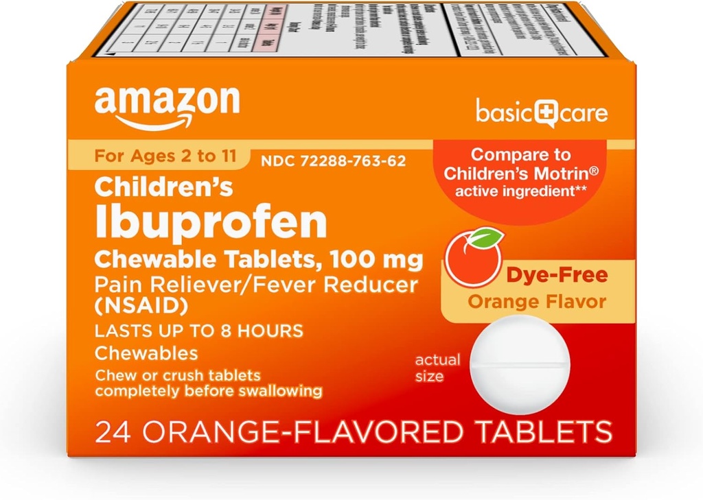 Basic Care Kinderen Ibuprofen Kauwtabletten, pijnstiller en koortsreducer, oranje smaak, leeftijden 2-11, duurt tot 8 uur, 100 mg, 24 Tellen