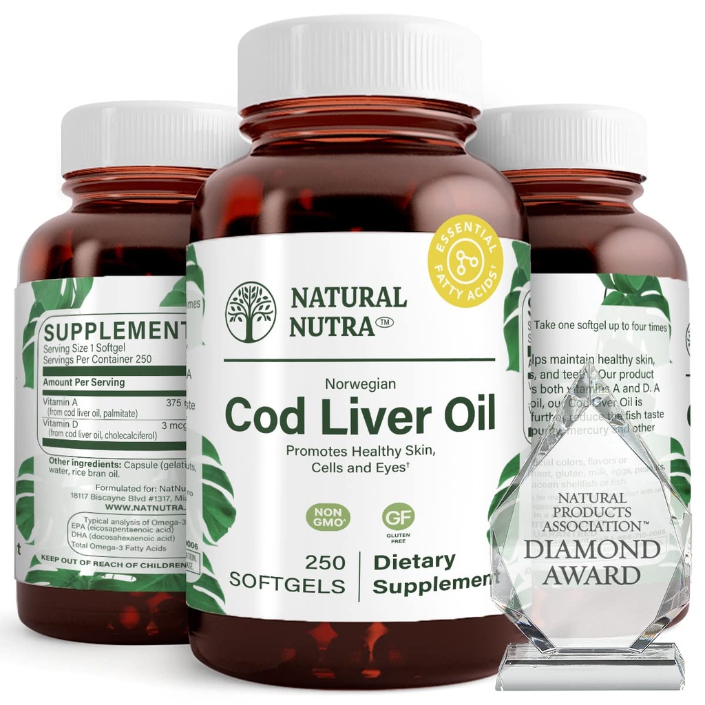 Natuurlijke Nutra Noorse kabeljauw leverolie supplement, helpt om de huid te behouden, helpt handhaven van de dichtheid van het lichaam, Eye Health & zenuwfunctie, bevordert de tandheelkundige gezondheid, ondersteunt Cardiovasculaire gezondheid, 250 Softgels