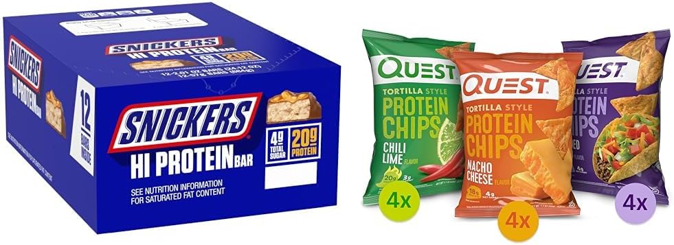SNICKERS Hi Proteïne Pinda Caramel Bar Bulk Box, Quest Tortilla Proteïne Chips Variety Pack