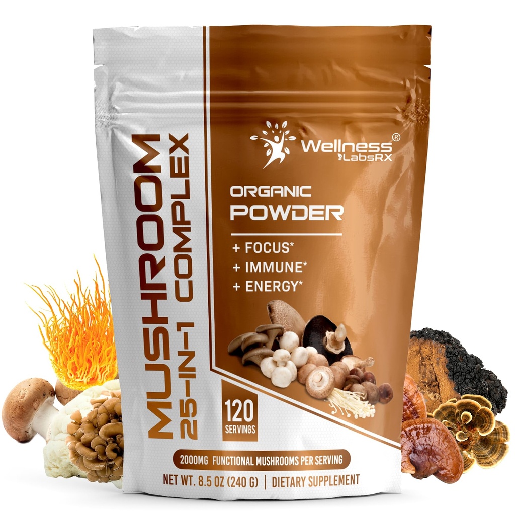 WELLESS LABSRX paddopoeder, 25 in 1 paddo supplement - 2000mg, 25 Superfood Mishroom Lions Mane Powder met Chaga, Shiitake, Cordyceps, Reishi - Lion's Mane Mushroom - 120 Servers