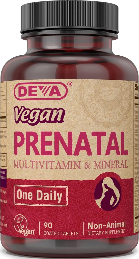 Deva Vegan Prenatale Multivitamine en Minerale Supplement - Once-Per-Day Formule - Vitaminen A, C, D, E, K, B Complex, met Folaat & Chelated Iron - 90 gecoate tabletten, 1-pack