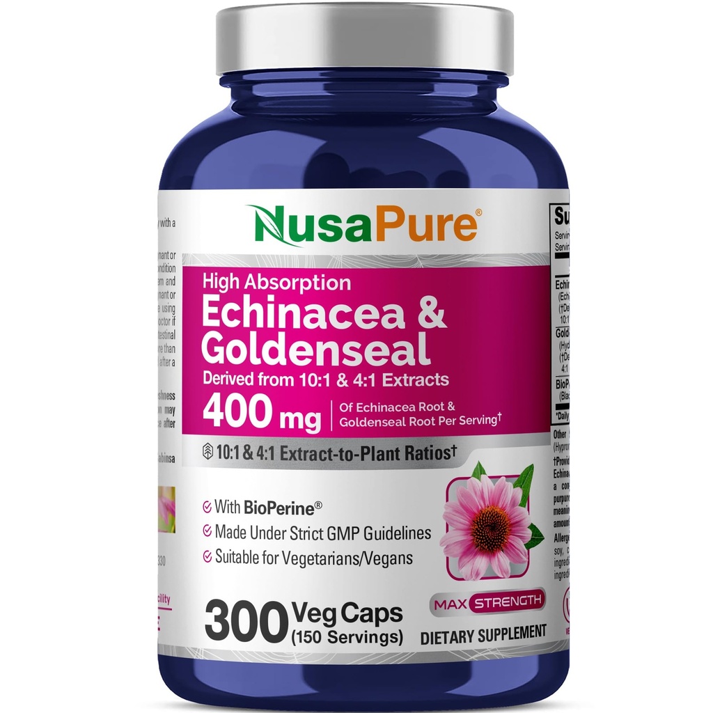 NusaPure Echinacea Goldenseal 200mg, (uittreksel 10:1, equivalent aan 2000mg), 200mg, (uittreksel 4:1, equivalent aan 800mg) - 2800mg 300 Veggie Caps (Vegetarisch, niet-GMO, Veganistisch)