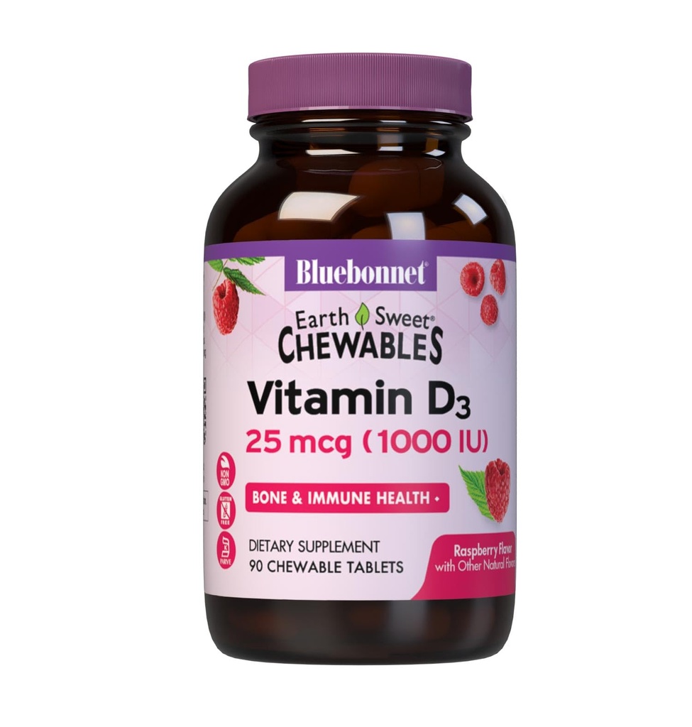 Bluebonnet Nutrition EarthSweet Vitamin D3 1000IU - Bone & Immune Support Supplement - Raspberry Kauwbare vitamine D Supplement voor vrouwen en mannen - Sojavrije, glutenvrije, non-GMO - 90 tabletten