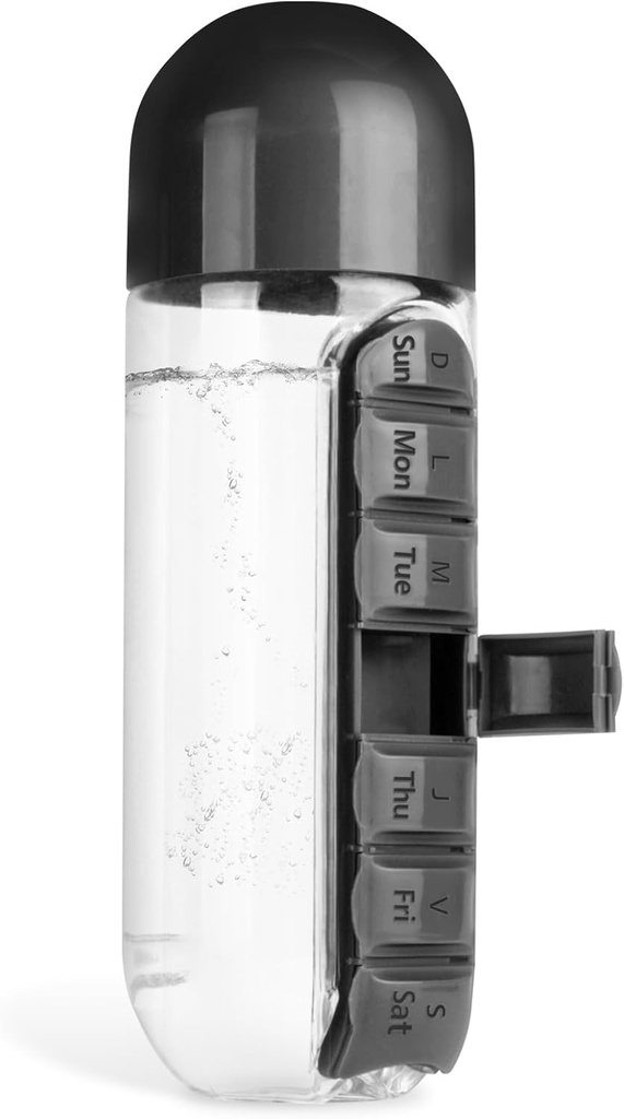Medicine Box Water Cup,2 in 1 Waterfles Medicine Box Opslagdoos,20 oz Dagelijkse Sport Waterfles met pil Box Organizer 7 dagen Capsule Organisator, Zwart