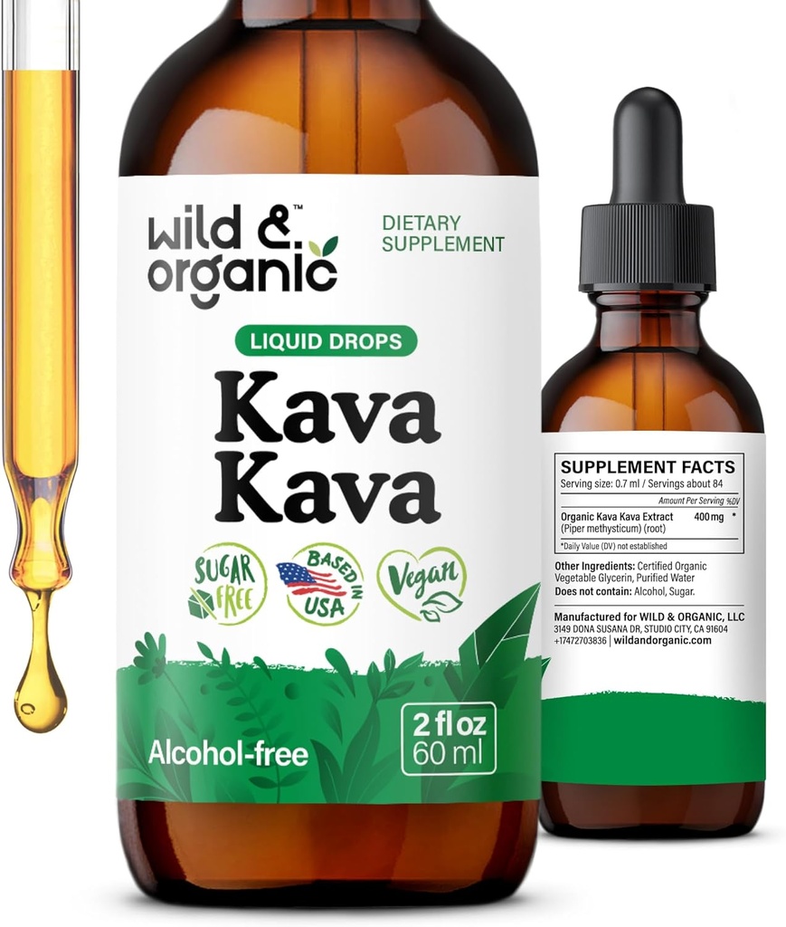 Wild & Organic Kava Kava Tinctuur 400 mg - Mood Support Supplement - Calming Root Extract Liquid Drops - 2-month Supply - Vegan, Sugar & Alcohol-Free Drops - 2 fl oz