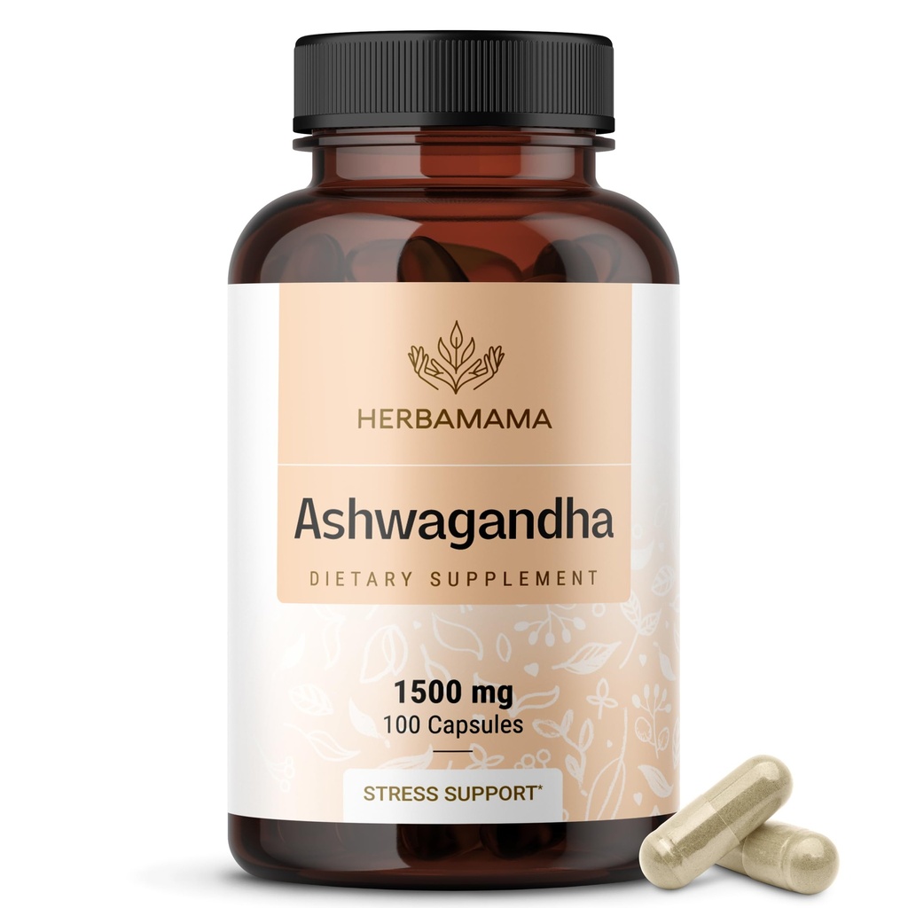 HERBAMAMA Ashwagandha Capsules - 1500mg Pure Ashwagandha Root Focus Supplement - Vegan, Non-GMO Mood & Calm Support Supplement voor volwassenen, 100 Caps