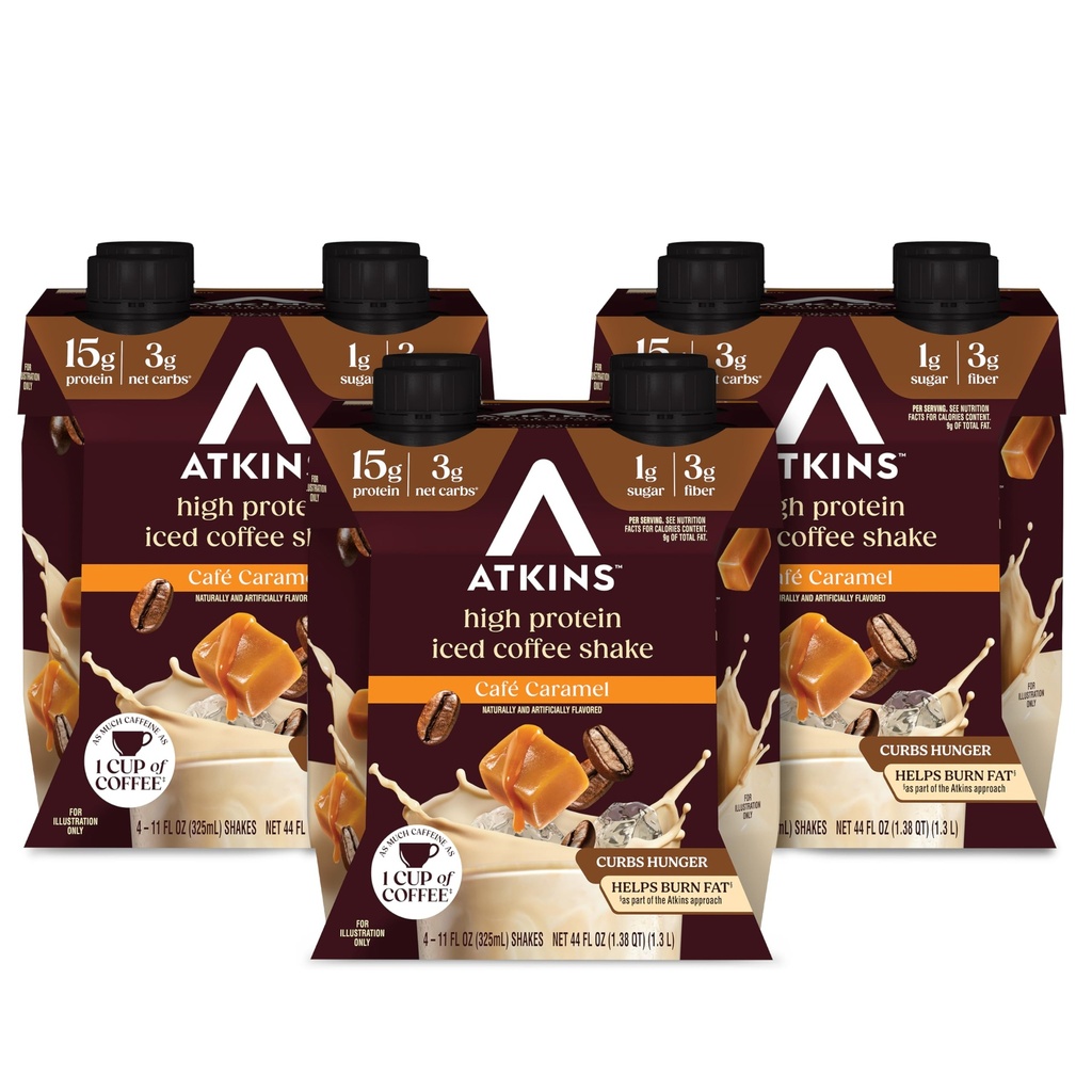 Atkins Café Caramel Iced Coffee Flavored Proteine Shake, High Proteine Shake, Low Glycemic, Low Carb en Low Sugar, Keto Vriendelijk, Glutenvrij, 12 Tellen