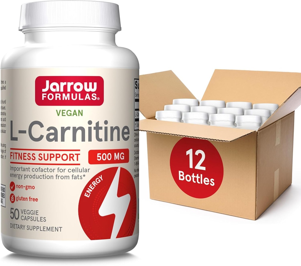 Jarrow Formules L-Carnitine 500 mg, Dieetsupplement, Ondersteuning voor Cellular Energy Production, 50 Veggie Capsules, 50 Day Supply Dagelijks (pakket van 12)