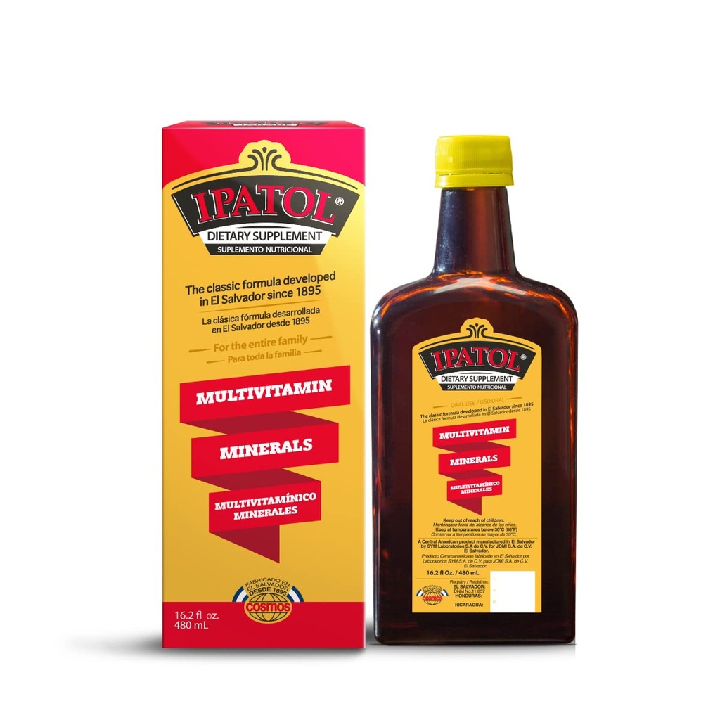 Multivitaminesupplement, sinds 1895. Vitamine A, D, Calcium, IJzer, Mangaan, Natrium, Kalium. Supplemento multivitamineico, Desde 1895. Vitamine A, D, Calcio, Hierro, Etc. El Salvador