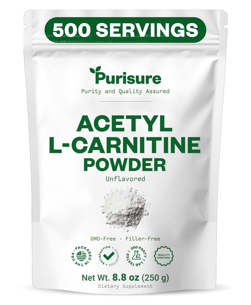 Purisure Acetyl L-Carnitine Poeder, 250g, ALCAR Poeder, Aminozuur Supplement, Acetyl L-Carnitine Supplement voor betere cognitieve prestaties en spier endurance, Glutenvrij, Non-GMO, 500 porties