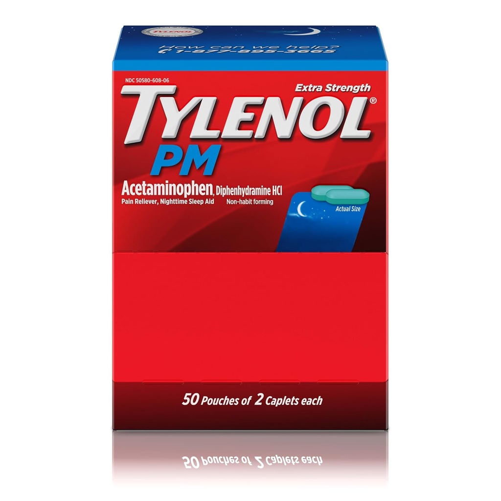Tylenol PM Extra sterkte Nighttime Pain Reliever Slaaphulp Capletten met Acetaminofen & Difenhydramine HCl, Relief for Nighttime Aches & Pains, Travel Size, 50 Packs of 2 Caplets