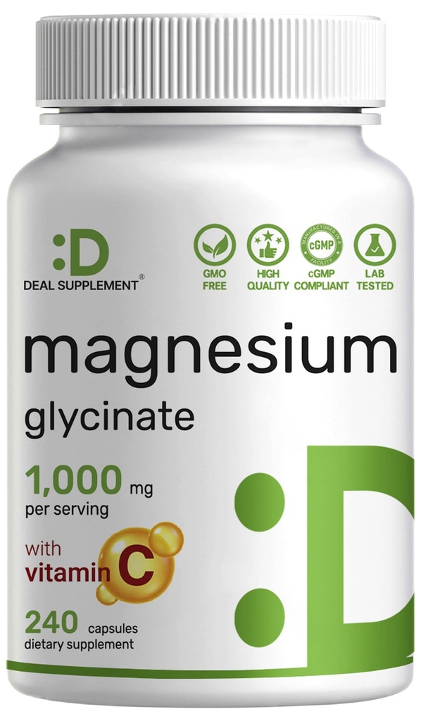 Magnesium Glycinate 500mg per capsule (1000mg per portie) Plus vitamine C, 240 capsules 