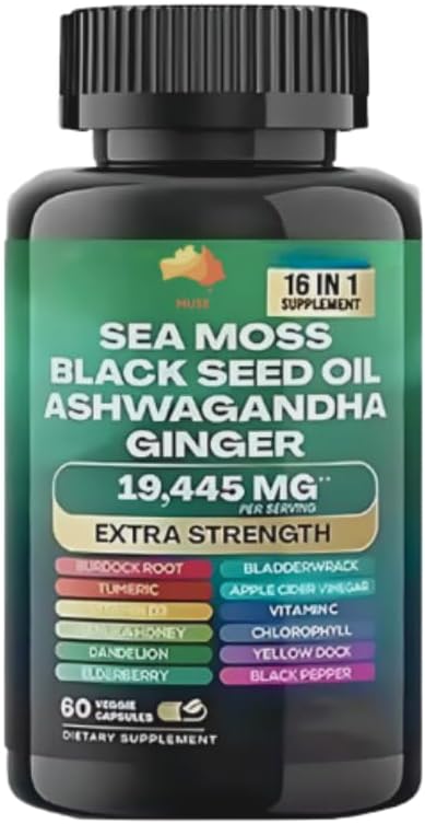 Muse Sea Moss, Black Seed Oil, Ashwagandha, Ginger, Shilajit, Elderberry, Chlorofyl, Turmeric, Bladderwrack, Advanced Strength Gummies, 19.445mg, All-in-1 Bundle, 60 Graaf, Made in USA