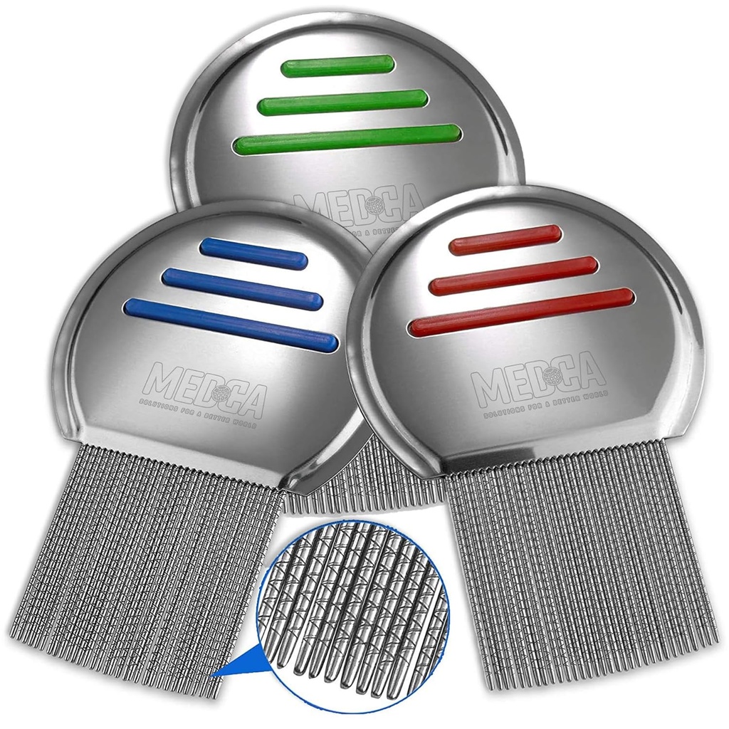 Lice Comb - (verpakking van 3) Hoofd Lice behandeling die individueel verpakt Professional Roestvrij staal Louse en Nit Combs Verwijdert Eieren met afgeronde tips voor comfort