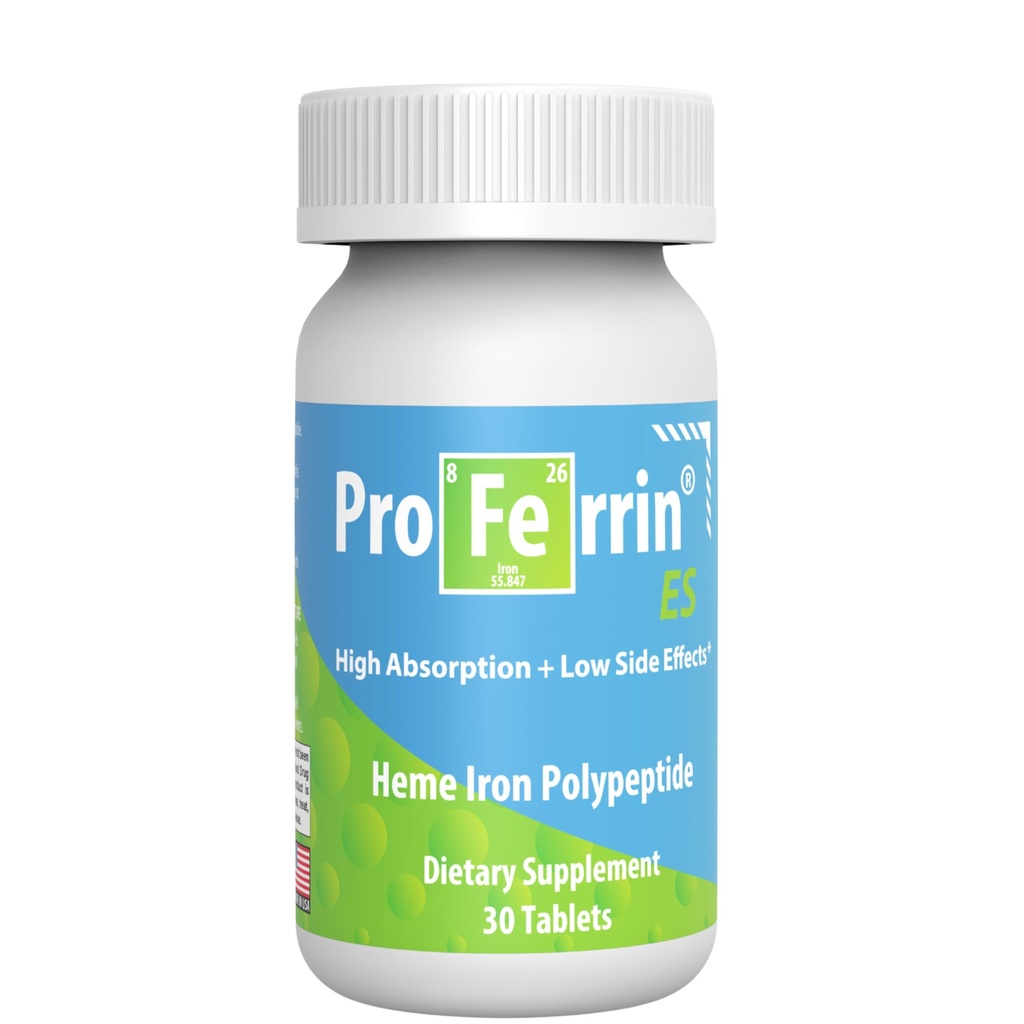 Proferrin ES- 10,5 mg hoog Absorberende Heme Iron Polypeptide. Gemaakt in de VS. 30 tabletten. Rustig aan met The Gut. Niet beïnvloed door koffie, calcium, of PPI's.